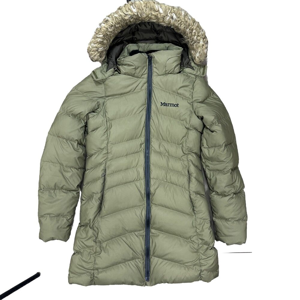 Marmot Women's 650 Fill Down Parka Puffer Jacket Hooded Green Full Zip Sz Small